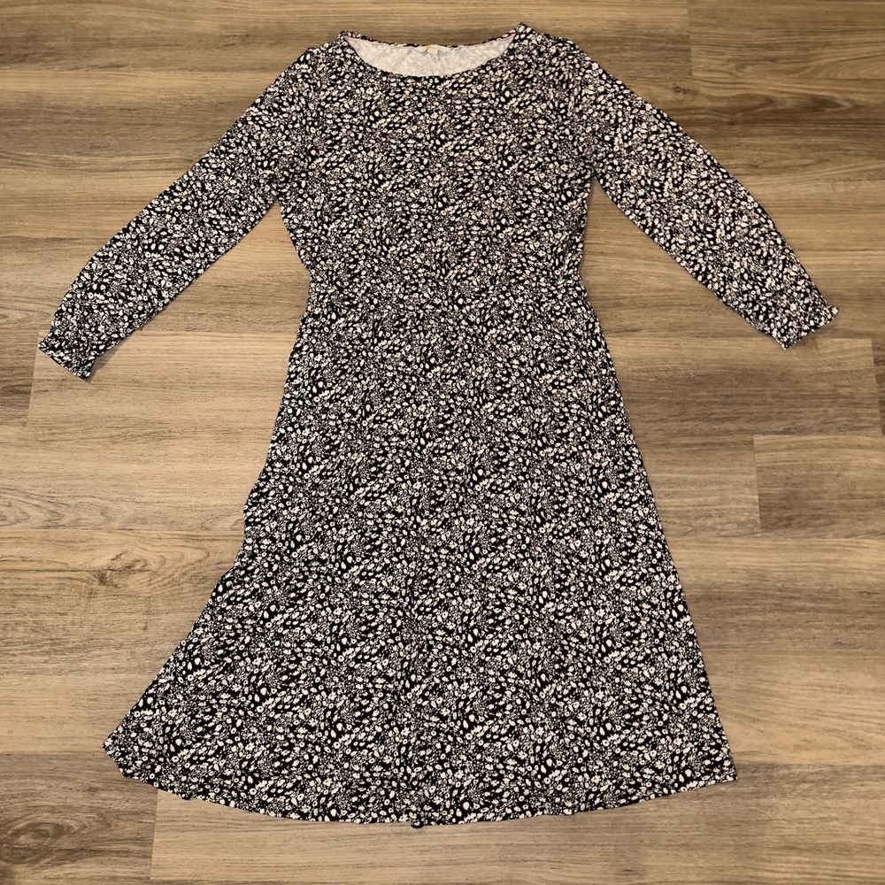 Boden Black White Floral Jersey Long Sleeve Midi Dress US 14R D0013